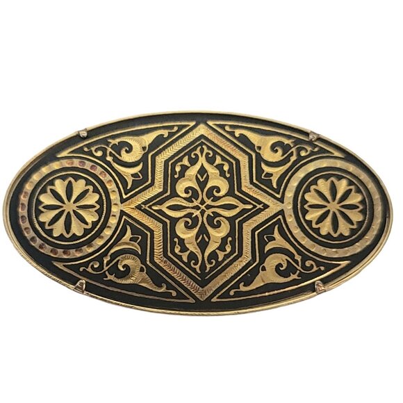 Vintage ia Midas of Toledo Trombone Clasp Oval Damascene Brooch Pin, Signed E956 - Picture 1 of 8